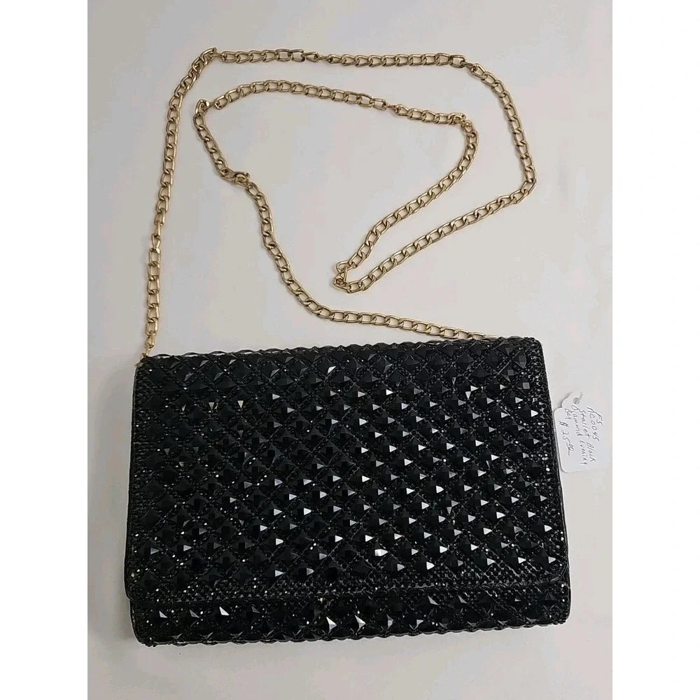 Vtg Black Evening Crossbody Bag Beaded Diamond‎ Shaped Overlay